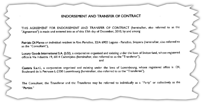 Le contrat de consultant de Patrizio Di Marco avec Castera au Luxembourg. © EIC Le contrat de consultant de Patrizio Di Marco avec Castera au Luxembourg. © EIC