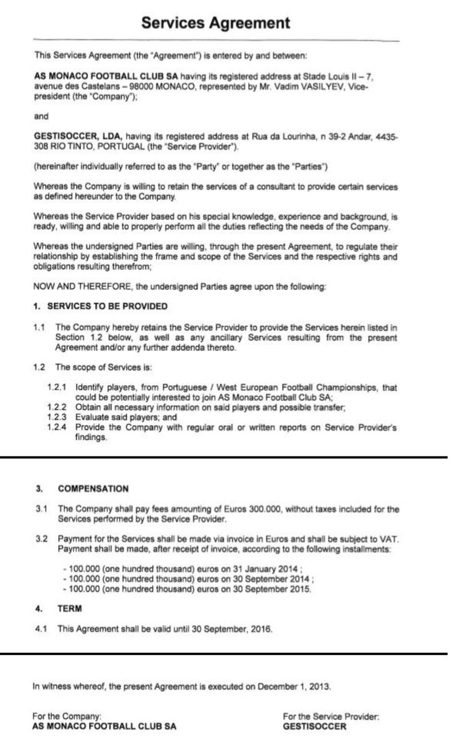 Extraits du contrat de service passé par l’AS Monaco avec la société Gestisoccer. © EIC Extraits du contrat de service passé par l’AS Monaco avec la société Gestisoccer. © EIC