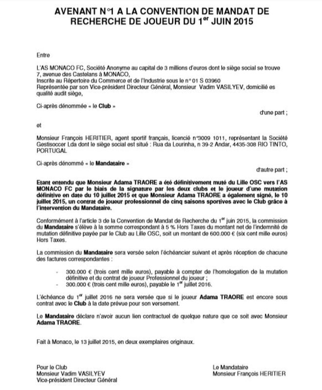 Avenant à la convention de mandat de recherche de joueur passé entre la société Gestisoccer et l’AS Monaco. © EIC Avenant à la convention de mandat de recherche de joueur passé entre la société Gestisoccer et l’AS Monaco. © EIC