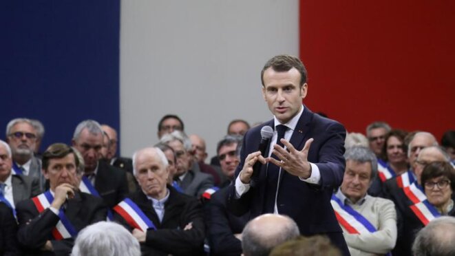 Emmanuel Macron à Souillac (Lot), devant 600 maires, le 18 janvier 2019. © Reuters