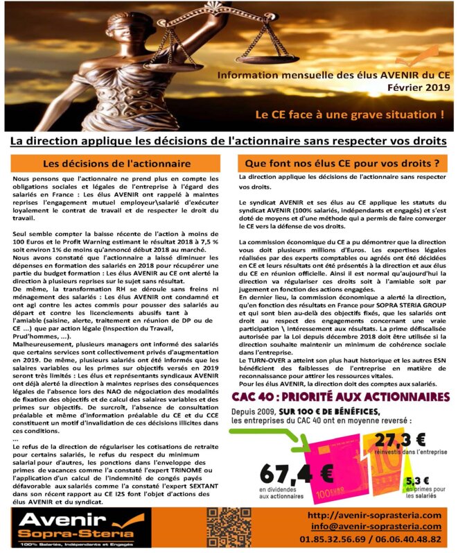 Le syndicat AVENIR ouvre un échange public avec les salariés sur SOPRA STERIA