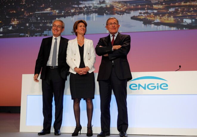 Jean-Pierre Clamadieu, nouveau président d'Engie, Isabelle Kocher, directrice générale, et Gérard Mestrallet, qui vient de quitter la présidence du groupe qu'il a piloté depuis 1995. © Reuters/Philippe Wojazer Jean-Pierre Clamadieu, nouveau président d'Engie, Isabelle Kocher, directrice générale, et Gérard Mestrallet, qui vient de quitter la présidence du groupe qu'il a piloté depuis 1995. © Reuters/Philippe Wojazer