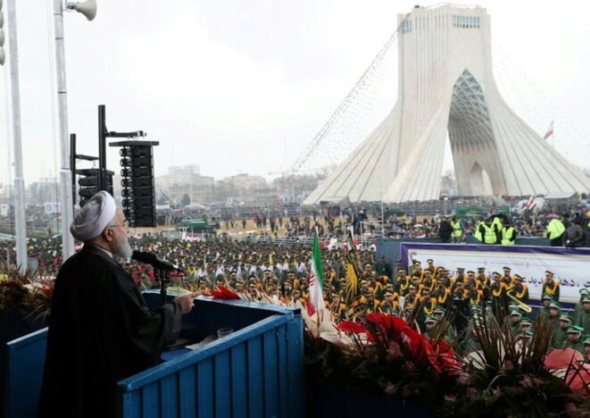 Le président iranien à la tribune, à Téhéran, le 11 février 2019. © Reuters Le président iranien à la tribune, à Téhéran, le 11 février 2019. © Reuters