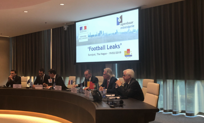 La conférence de presse d'Eurojust sur les Football Leaks, mardi 19 février 2019 à La Haye (Pays-Bas). © Eurojust La conférence de presse d'Eurojust sur les Football Leaks, mardi 19 février 2019 à La Haye (Pays-Bas). © Eurojust