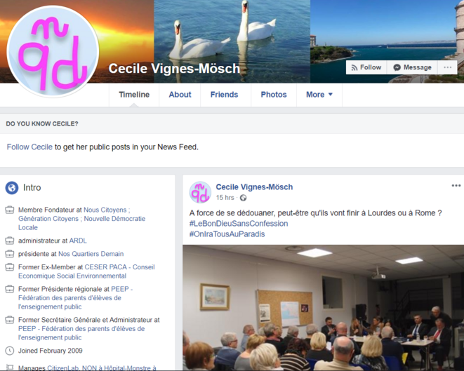 Sur son compte Facebook, Cécile Vignes-Mösch décrit ses différents engagements citoyens. Sur son compte Facebook, Cécile Vignes-Mösch décrit ses différents engagements citoyens.