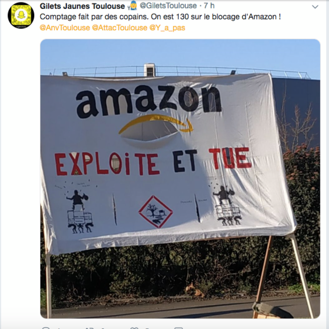 Rassemblement devant le dépôt d'Amazon à Toulouse © Gilets jaunes de Toulouse Rassemblement devant le dépôt d'Amazon à Toulouse © Gilets jaunes de Toulouse