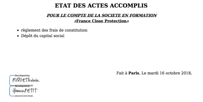 Les signatures des statuts de France Close Protection. Les signatures des statuts de France Close Protection.
