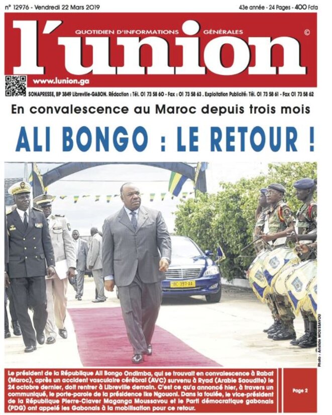 Après accident vasculaire cérébral (AVC) à Riyad, et une convalescence ensuite au Maroc, M. Ali BONGO ONDIMBA rentre définitivement au Gabon Après accident vasculaire cérébral (AVC) à Riyad, et une convalescence ensuite au Maroc, M. Ali BONGO ONDIMBA rentre définitivement au Gabon