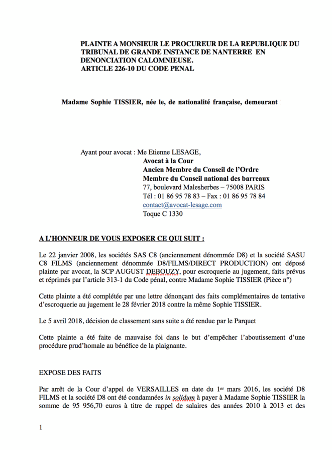 plainte déposée contre canal+ pour dénonciation calomnieuse plainte déposée contre canal+ pour dénonciation calomnieuse