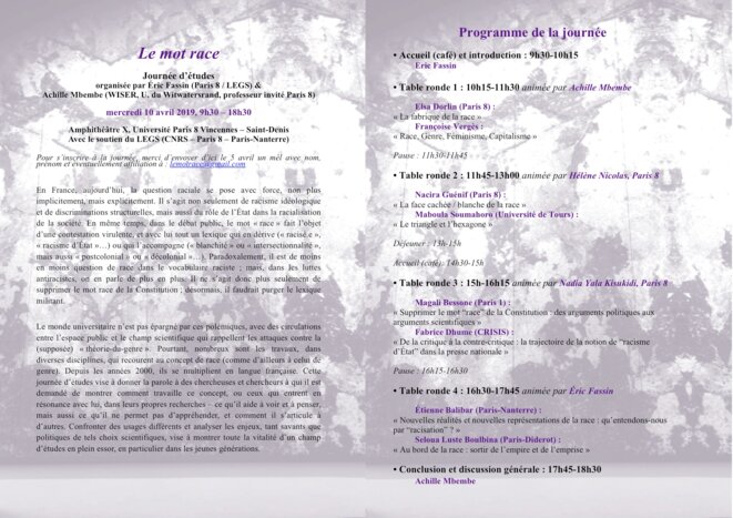 Journée d'étude : "Le mot race" 10 avril 2019 (programme) Journée d'étude : "Le mot race" 10 avril 2019 (programme)