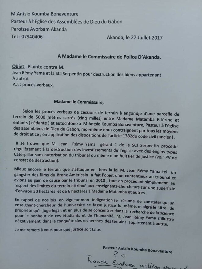 Pasteur ANTSIO KOUMBA Bonaventure, qui avait porté plainte contre Jean Rémy YAMA le 27 juillet 2017 Pasteur ANTSIO KOUMBA Bonaventure, qui avait porté plainte contre Jean Rémy YAMA le 27 juillet 2017