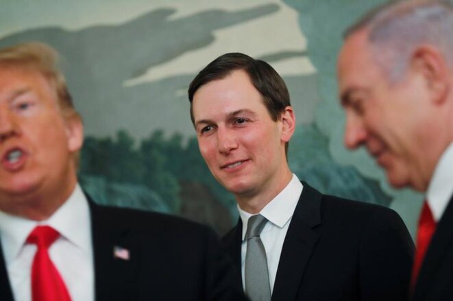 Donald Trump, Jared Kushner et Benjamin Netanyahou à la Maison Blanche, le 25 mars 2019. © Reuters Donald Trump, Jared Kushner et Benjamin Netanyahou à la Maison Blanche, le 25 mars 2019. © Reuters