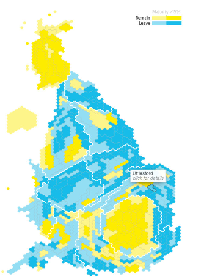 Carte du vote sur la sortie ou le maintien du Royaume-Uni dans l'UE © The Guardian Carte du vote sur la sortie ou le maintien du Royaume-Uni dans l'UE © The Guardian