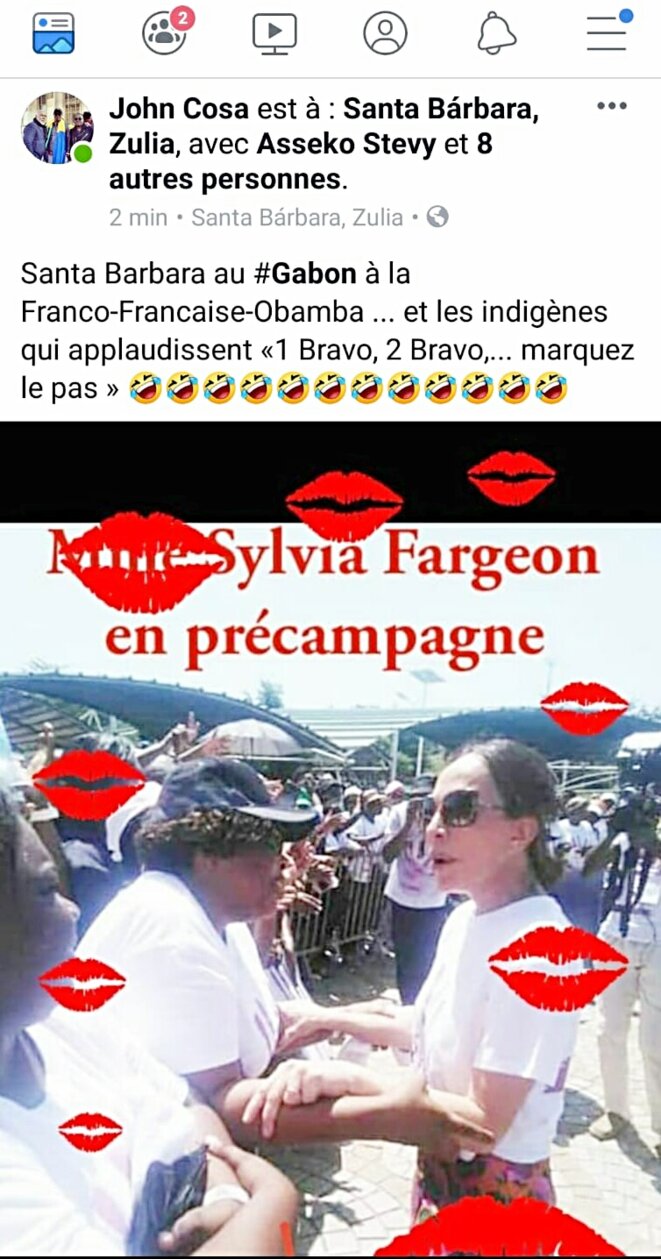 Bain de foule de Sylvia Bongo le 17 avril : image prise sur le compte Facebook d'un activiste gabonais Bain de foule de Sylvia Bongo le 17 avril : image prise sur le compte Facebook d'un activiste gabonais