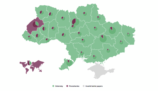 La géographie des résultats. En violet: Porochenko en tête ; Zelenski en tête. © Ukraïnska Pravda La géographie des résultats. En violet: Porochenko en tête ; Zelenski en tête. © Ukraïnska Pravda