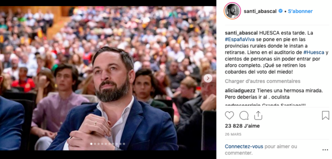 Visuel de campagne, tiré du compte Instagram de Santiago Abascal, lors du meeting de Huesca. Visuel de campagne, tiré du compte Instagram de Santiago Abascal, lors du meeting de Huesca.