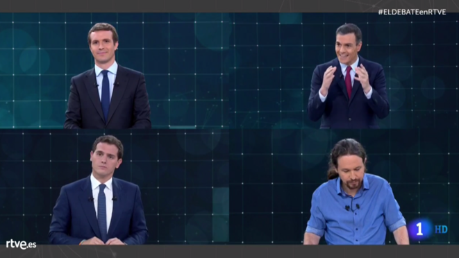 Dans le sens des aiguilles d'une montre, en partant d'en haut à gauche: Pablo Casado, Pedro Sanchez, Pablo Iglesias et Albert Rivera. Dans le sens des aiguilles d'une montre, en partant d'en haut à gauche: Pablo Casado, Pedro Sanchez, Pablo Iglesias et Albert Rivera.