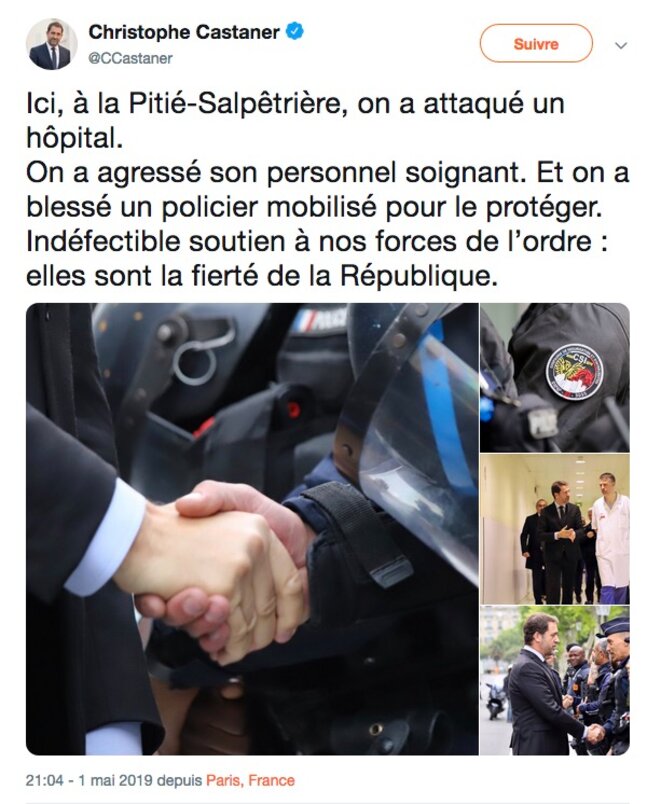 Interior minister Christophe Castaner's false claims on Twitter on May 1st.