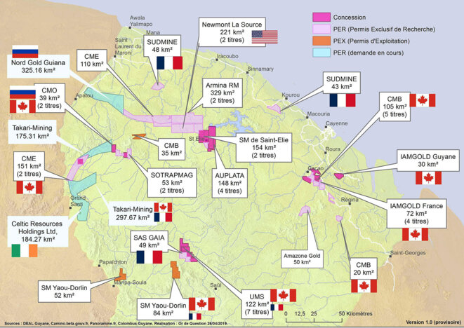 Carte des projets miniers industriels en Guyane © Or de Question