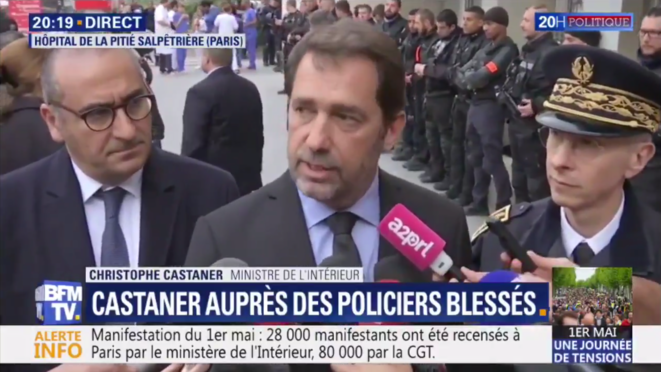 Christophe Castaner à la Pitié-Salpétrière, mercredi 1er mai 2019. (Capture d'écran) © RM Christophe Castaner à la Pitié-Salpétrière, mercredi 1er mai 2019. (Capture d'écran) © RM