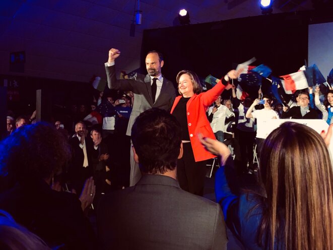 Édouard Philippe et Nathalie Loiseau en meeting à Caen, le 6 mai. © ES Édouard Philippe et Nathalie Loiseau en meeting à Caen, le 6 mai. © ES