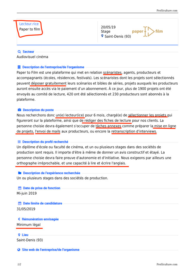 Annonce pour être lecteur stagiaire chez Paper to Film. Note : Le salaire minimum légal pour un stage s'élève aujourd'hui à 577,50 euros pour un temps plein supérieur à deux mois. Annonce pour être lecteur stagiaire chez Paper to Film. Note : Le salaire minimum légal pour un stage s'élève aujourd'hui à 577,50 euros pour un temps plein supérieur à deux mois.
