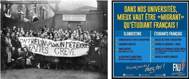 Manifestation xénophobe d'étudiants parisiens. Paris, vers 1935 (© Roger-Viollet) et Affiche du Front National de la Jeunesse, 2015. Manifestation xénophobe d'étudiants parisiens. Paris, vers 1935 (© Roger-Viollet) et Affiche du Front National de la Jeunesse, 2015.