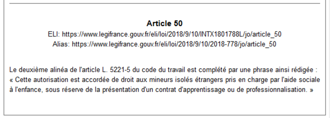 Article 50 de la loi dite "Asile et Immigration" du 10 septembre 2018, qui simplifie ce point de droit (capture d'écran sur le site Legifrance). Article 50 de la loi dite "Asile et Immigration" du 10 septembre 2018, qui simplifie ce point de droit (capture d'écran sur le site Legifrance).
