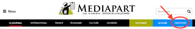 Above: the “Participez” tab on the Mediapart homepage. Above: the “Participez” tab on the Mediapart homepage.