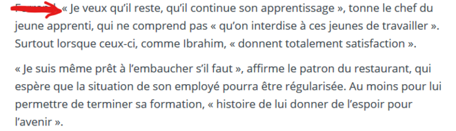 Témoignage du maître d'apprentissage d'Ibrahim recueilli par Pierre Geraudie (extrait de l'article "Dans le bassin de Vichy, ces jeunes apprentis "donnant totale satisfaction" qui sont obligés de quitter le pays", paru le 11 juin 2019). © La Montagne, édition de l'agence de Vichy, groupe Centre France. Témoignage du maître d'apprentissage d'Ibrahim recueilli par Pierre Geraudie (extrait de l'article "Dans le bassin de Vichy, ces jeunes apprentis "donnant totale satisfaction" qui sont obligés de quitter le pays", paru le 11 juin 2019). © La Montagne, édition de l'agence de Vichy, groupe Centre France.