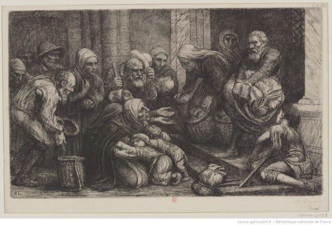 Une scène de la misère urbaine à l'époque de l'industrialisation en Europe de l'Ouest. "Les mendiants de Bruges", estampe, 1890-1898, BNF. Source: www.gallica.bnf.fr. © Alphonse Legros (1837-1911). Une scène de la misère urbaine à l'époque de l'industrialisation en Europe de l'Ouest. "Les mendiants de Bruges", estampe, 1890-1898, BNF. Source: www.gallica.bnf.fr. © Alphonse Legros (1837-1911).