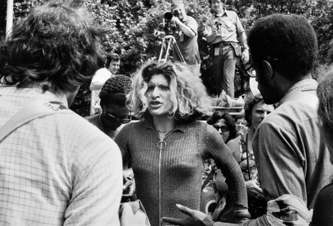 Sylvia Rivera confronting a crowd after an anti-transgender speech in 1973. © Bettye Lane Estate, via Schlesinger Library, Radcliffe Institute, Harvard University Sylvia Rivera confronting a crowd after an anti-transgender speech in 1973. © Bettye Lane Estate, via Schlesinger Library, Radcliffe Institute, Harvard University