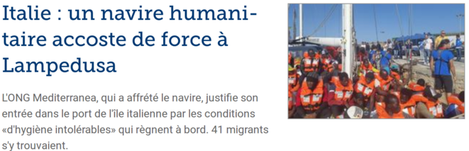 L'ONG Mediterranea, qui a affrété le navire, justifie son entrée dans le port de l'île italienne par les conditions «d'hygiène intolérables» qui règnent à bord. Une quarantaine de migrants s'y trouvaient. À son arrivée, personne n'est descendu du voilier de 18 mètres qui attendait depuis deux jours en mer. L'ONG Mediterranea, qui a affrété le navire, justifie son entrée dans le port de l'île italienne par les conditions «d'hygiène intolérables» qui règnent à bord. Une quarantaine de migrants s'y trouvaient. À son arrivée, personne n'est descendu du voilier de 18 mètres qui attendait depuis deux jours en mer.
