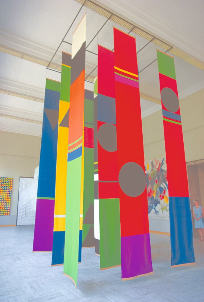 Cathédrale psychédélique, Arthur Jobin, tapisserie créée pour la 4e Biennale de Lausanne en 1969, tissage Claire Jobin, laine, 6 m x 3,20 m x 3,20 m. Collection Fondation Toms Pauli, Lausanne © Arthur Jobin, Fondation Toms Pauli, Lausanne Cathédrale psychédélique, Arthur Jobin, tapisserie créée pour la 4e Biennale de Lausanne en 1969, tissage Claire Jobin, laine, 6 m x 3,20 m x 3,20 m. Collection Fondation Toms Pauli, Lausanne © Arthur Jobin, Fondation Toms Pauli, Lausanne
