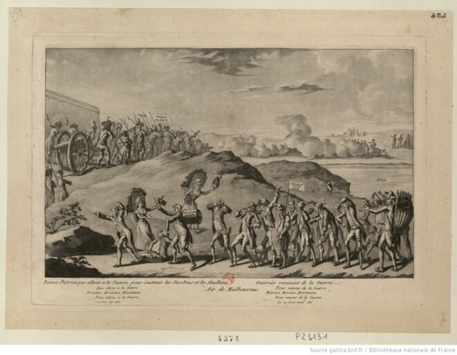 Estampe de 1792. Recrue patriotique allant à la guerre pour soutenir les jacobins et les feuillants. Guerrier revenant de la guerre. Estampe éditée à Paris, 1792, auteur inconnu, 20x29cm. Source: gallica.bnf.fr Estampe de 1792. Recrue patriotique allant à la guerre pour soutenir les jacobins et les feuillants. Guerrier revenant de la guerre. Estampe éditée à Paris, 1792, auteur inconnu, 20x29cm. Source: gallica.bnf.fr