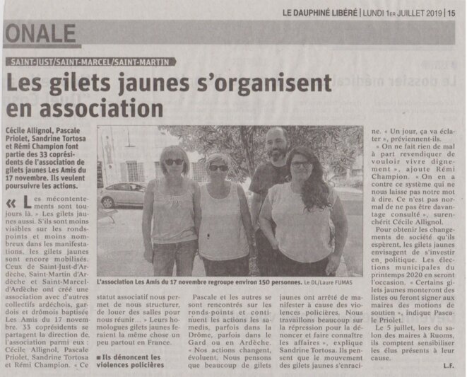Article du Dauphiné Libéré du 1er juillet 2019 © Duaphiné Libéré, par Laure Fumas Article du Dauphiné Libéré du 1er juillet 2019 © Duaphiné Libéré, par Laure Fumas