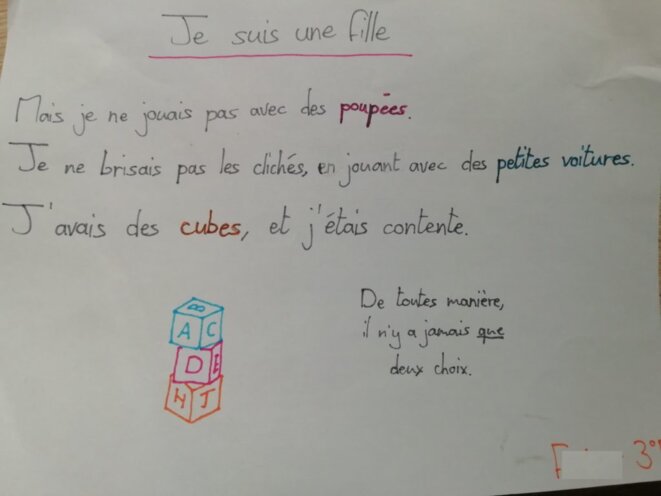 « Je suis une fille. Mais je ne jouais pas avec des poupées. Je ne brisais pas les clichés en jouant avec des petites voitures. J’avais des cubes, et j’étais contente. De toute manière, il n’y a jamais que deux choix » « Je suis une fille. Mais je ne jouais pas avec des poupées. Je ne brisais pas les clichés en jouant avec des petites voitures. J’avais des cubes, et j’étais contente. De toute manière, il n’y a jamais que deux choix »