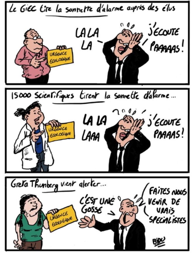 «La visite de Greta Thunberg qui ne plaît pas aux élus» par Bidu © Bidu dessinateur (publié en accès public sur les réseaux sociaux). «La visite de Greta Thunberg qui ne plaît pas aux élus» par Bidu © Bidu dessinateur (publié en accès public sur les réseaux sociaux).