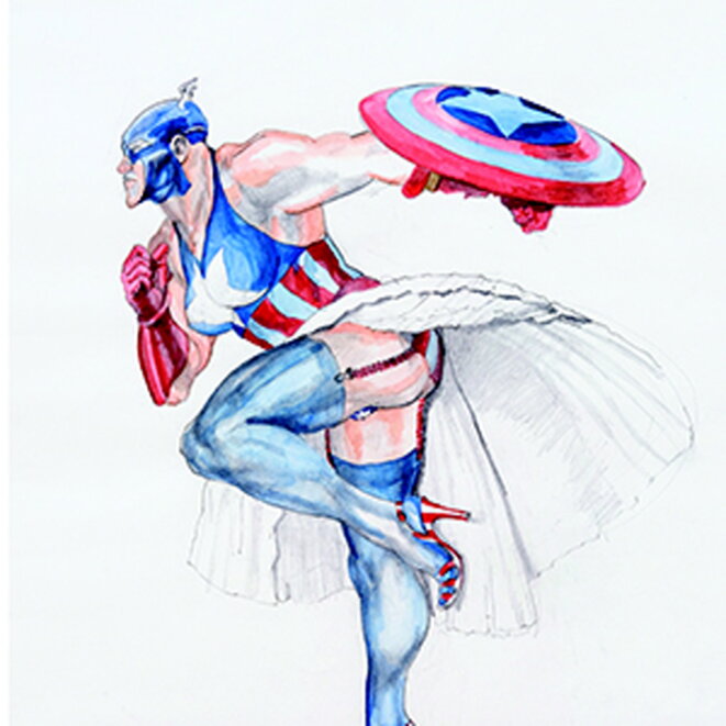 Margaret Harrison, "Captain America II", 1997, Exposition personnelle "Danser avec les missiles", FRAC Lorraine, Metz, 2019. © Collection particulière Courtesy Nicolas Krupp, Bâle (CH Margaret Harrison, "Captain America II", 1997, Exposition personnelle "Danser avec les missiles", FRAC Lorraine, Metz, 2019. © Collection particulière Courtesy Nicolas Krupp, Bâle (CH