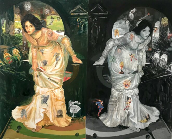 Margaret Harrison, "The Last Gaze", (Northern Art Prize), Huile, collage papier sur toile et rétroviseurs, 2013, Middlesbrough Institute of Modern Art, Exposition monographique "Danser avec des missiles", 49 NORD 6 EST FRAC Lorraine, 2019. © Guillaume Lasserre Margaret Harrison, "The Last Gaze", (Northern Art Prize), Huile, collage papier sur toile et rétroviseurs, 2013, Middlesbrough Institute of Modern Art, Exposition monographique "Danser avec des missiles", 49 NORD 6 EST FRAC Lorraine, 2019. © Guillaume Lasserre