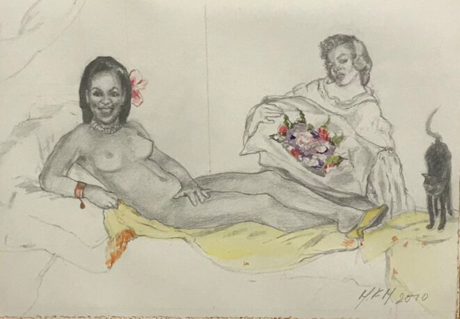 Margaret Harrison, "Olympia model role (Obama-Monroe)", aquarelle et graphite sur papier, 2010, Exposition personnelle "Danser avec les missiles", FRAC Lorraine, Metz, 2019. © Guillaume Lasserre Margaret Harrison, "Olympia model role (Obama-Monroe)", aquarelle et graphite sur papier, 2010, Exposition personnelle "Danser avec les missiles", FRAC Lorraine, Metz, 2019. © Guillaume Lasserre