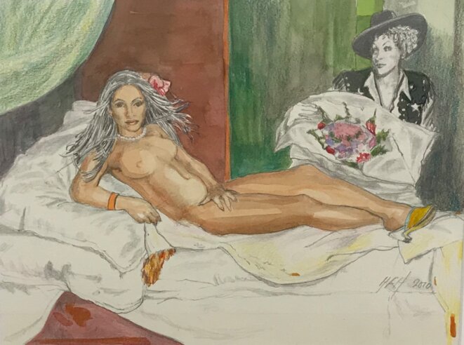 Margaret Harrison, "Olympia model role (Lopez-Dietrich)", aquarelle et graphite sur papier, 2010, Exposition personnelle "Danser avec les missiles", FRAC Lorraine, Metz, 2019. © Guillaume Lasserre Margaret Harrison, "Olympia model role (Lopez-Dietrich)", aquarelle et graphite sur papier, 2010, Exposition personnelle "Danser avec les missiles", FRAC Lorraine, Metz, 2019. © Guillaume Lasserre