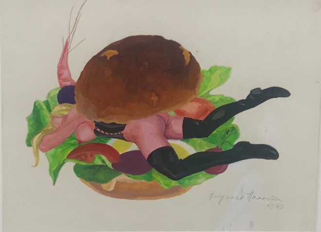Margaret Harrison, "Good enough to eat", 1971 Crayon et aquarelle sur papier, Exposition personnelle "Danser avec les missiles", FRAC Lorraine, Metz, 2019. © Guillaume Lasserre Margaret Harrison, "Good enough to eat", 1971 Crayon et aquarelle sur papier, Exposition personnelle "Danser avec les missiles", FRAC Lorraine, Metz, 2019. © Guillaume Lasserre