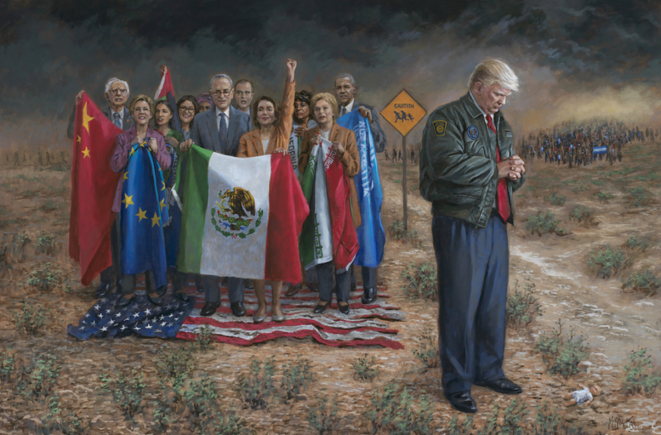 « Emergencia Nacional ». Cuadro de Jon McNaughton, artista pro-Trump de Utah. Retrata a Trump como un héroe estadounidense, piadoso, defendiendo la frontera contra los migrantes, mientras que los demócratas pisotean la bandera estadounidense. © Jon McNaughton « Emergencia Nacional ». Cuadro de Jon McNaughton, artista pro-Trump de Utah. Retrata a Trump como un héroe estadounidense, piadoso, defendiendo la frontera contra los migrantes, mientras que los demócratas pisotean la bandera estadounidense. © Jon McNaughton