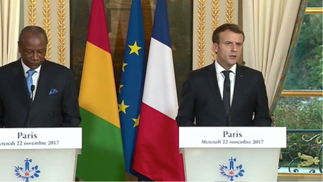 Le président guinéen, Alpha Condé, et son homologue français, Emmanuel Macron, à Paris, le 22 novembre 2017. © PHILIPPE WOJAZER / POOL / AFP © PHILIPPE WOJAZER / POOL / AFP Le président guinéen, Alpha Condé, et son homologue français, Emmanuel Macron, à Paris, le 22 novembre 2017. © PHILIPPE WOJAZER / POOL / AFP © PHILIPPE WOJAZER / POOL / AFP
