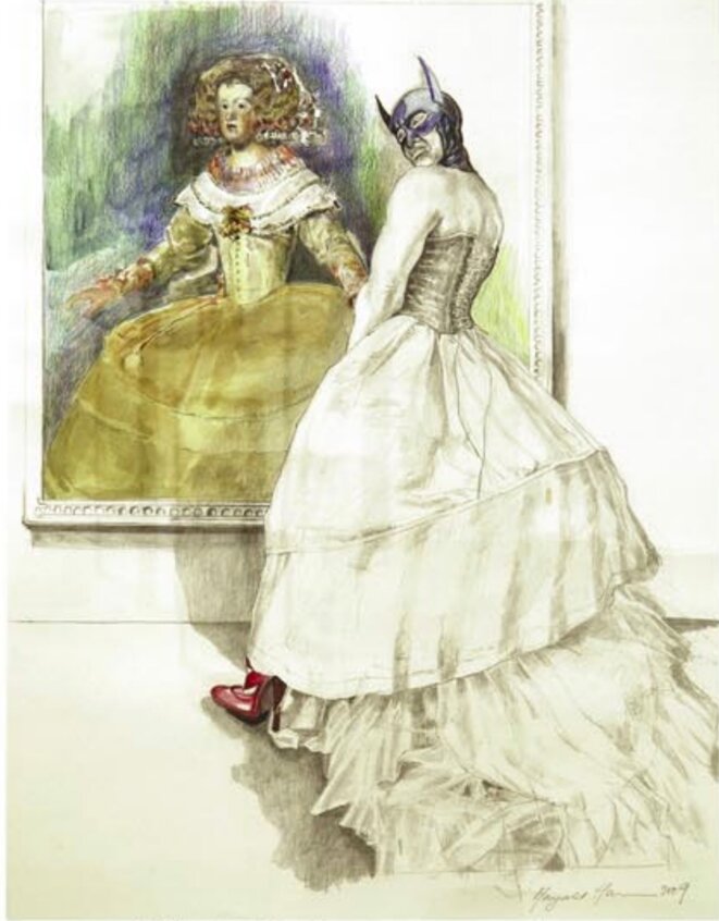 Margaret Harrison, "Two Princesses, Two Hands" , 2009, crayon et aquarelle sur papier 38,5 x 54 cm, Exposition personnelle "Danser avec les missiles", FRAC Lorraine, Metz, 2019. © Collection particulière courtes the artist Margaret Harrison, "Two Princesses, Two Hands" , 2009, crayon et aquarelle sur papier 38,5 x 54 cm, Exposition personnelle "Danser avec les missiles", FRAC Lorraine, Metz, 2019. © Collection particulière courtes the artist