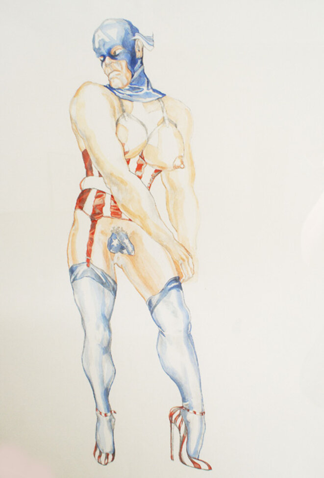 Margaret Harrison, "Captain AmericaI", 1997, Exposition personnelle "Danser avec les missiles", FRAC Lorraine, Metz, 2019. © Margaret Harrison Margaret Harrison, "Captain AmericaI", 1997, Exposition personnelle "Danser avec les missiles", FRAC Lorraine, Metz, 2019. © Margaret Harrison