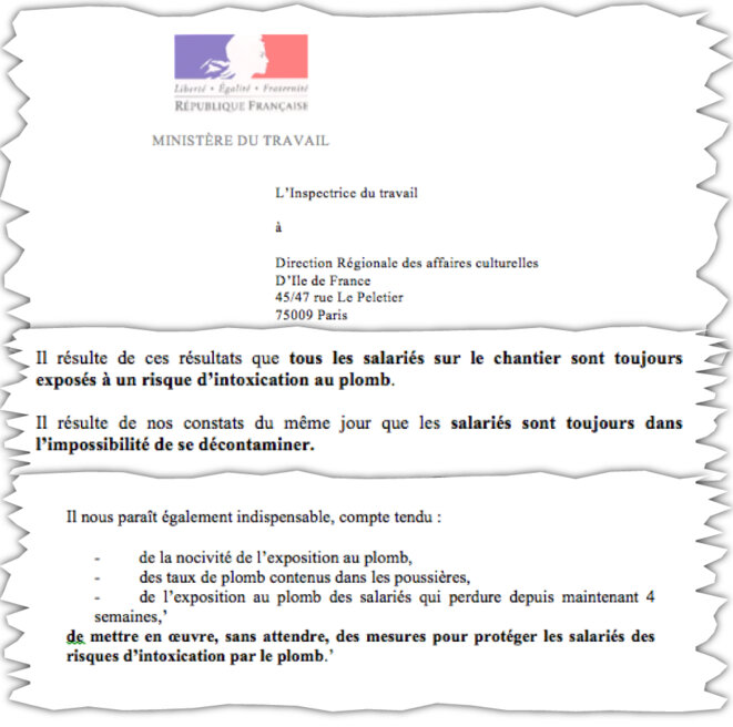 Extrait du rapport du 15 mai 2019 de l'inspection du travail sur le chantier de Notre-Dame de Paris.