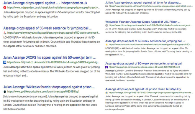 Web search. Julian Assange drops appeal against 50 weeks jail sentence. © Screen copies Web search. Julian Assange drops appeal against 50 weeks jail sentence. © Screen copies