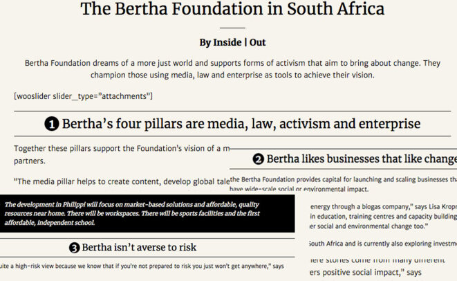 South African Bertha foundation agenda, mounted screen copy elements. © Bertha web site Screen copy